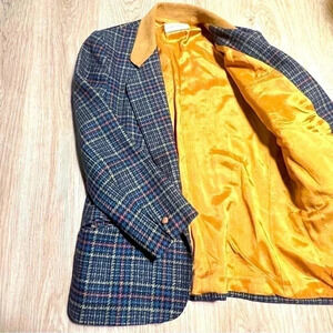 VINTAGE LINDOR PLAID  BLUE GREEN SUEDE TAN COLLAR BLAZER SIZE M